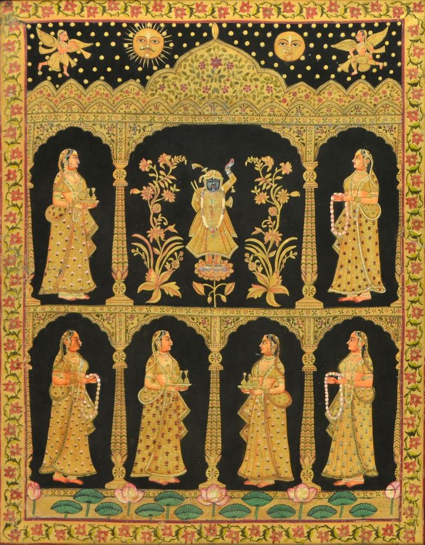 INDIA TEMPLE PAINTING, KRISHNA & ATTENDANT FIGURES (1 of 4)