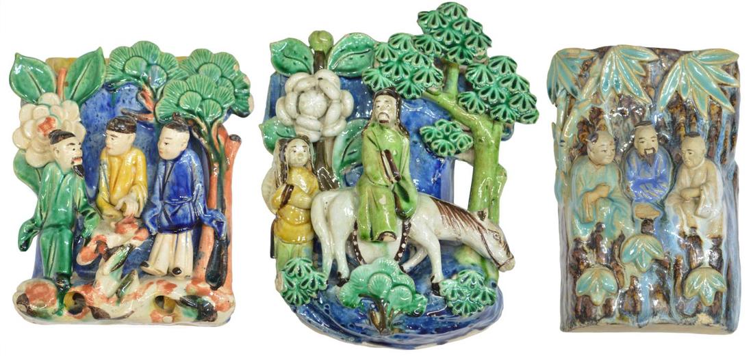 (3) CHINESE GLAZED CERAMIC FIGURAL WALL VASES (1 of 5)