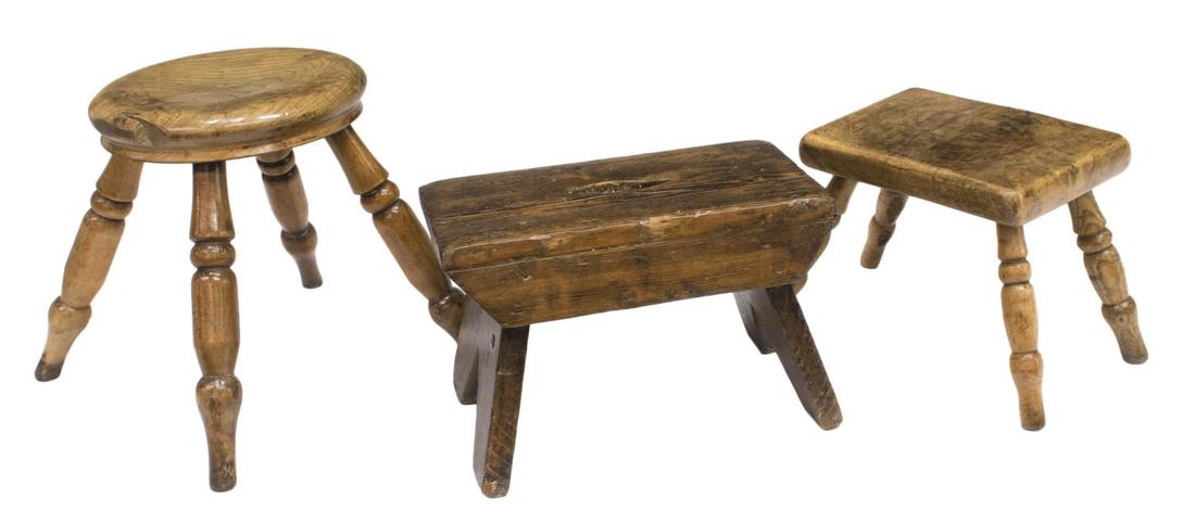 (3) ENGLISH COUNTRY ELM & PINE STOOLS, LATE 19TH C (1 of 4)