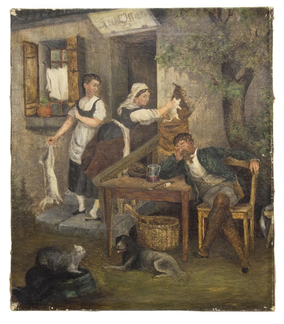 UNFRAMED OIL PAINTING, BOSTON GENRE SCENE 19TH C (1 of 3)