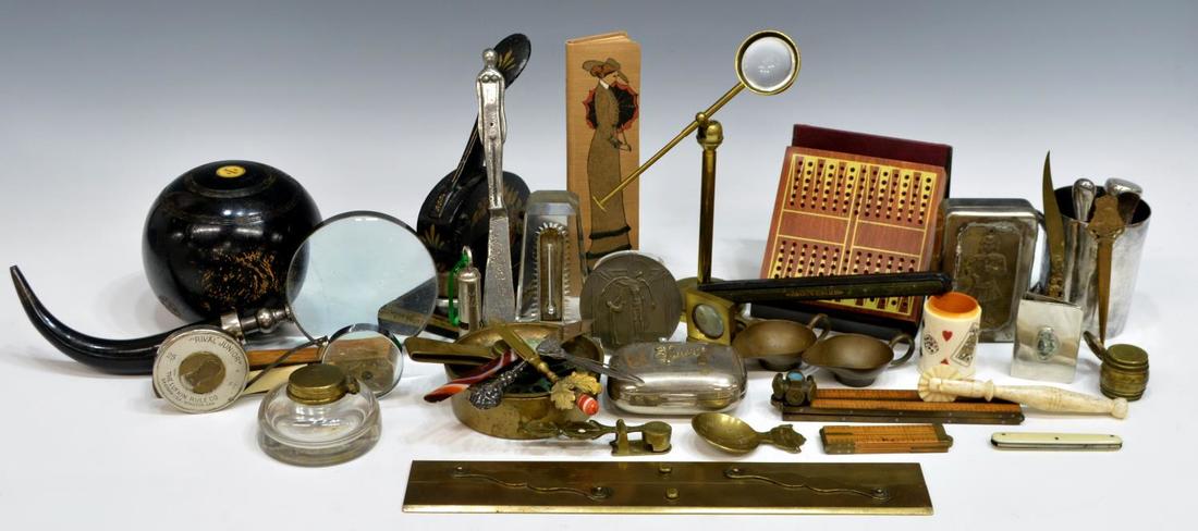 HUGE LOT COLLECTIBLES, DESK ARTICLES & MAGNIFIERS: (lot) Huge collection of assorted collectible, desk and table articles, highlights include several magnifying glasses, one standing with rotating brass arm, Paris lawn ball, black iron "Burywood Prope