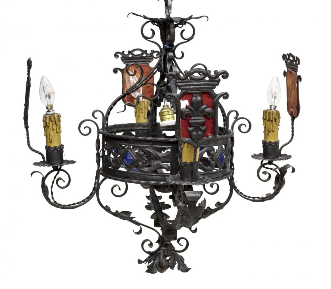 NORTHERN SPAIN IRON FIVE LIGHT CHANDELIER 19TH C (1 of 3)