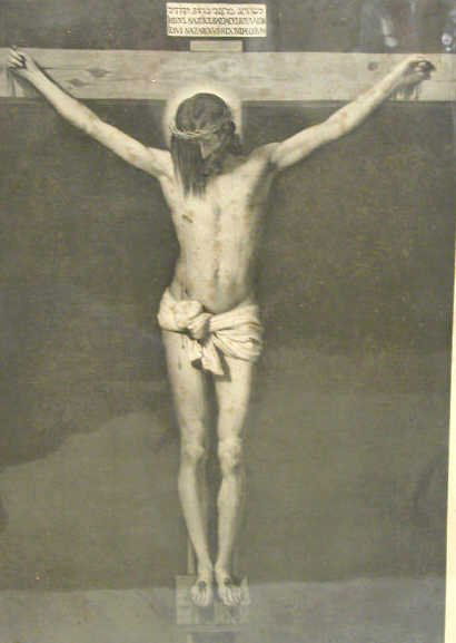 ANTIQUE RELIGIOUS ENGRAVING: Antique religious engraving, under glass, based upon the work of Diego Velazquez(1599-1660) entitled "El Santo Cristo". Marked "No6070, Depose, Kunzli Freres Editeurs". Image about 23"x16" and with fr