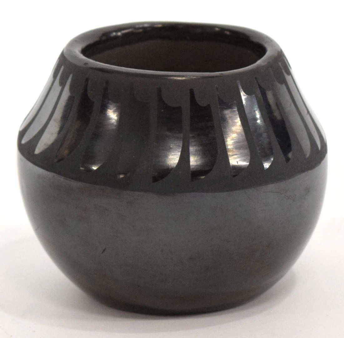 MARIE & SANTANA MARTINEZ BLACK ON BLACK JAR 2.75"H: San Ildefonso Pueblo, New Mexico, black decoration on black pottery jar, signed at under side Marie / Santana ( Maria Martinez, 1887-1980), Santana Martinez (wife of Adam, Marie's son, 1909-2002), 2.7