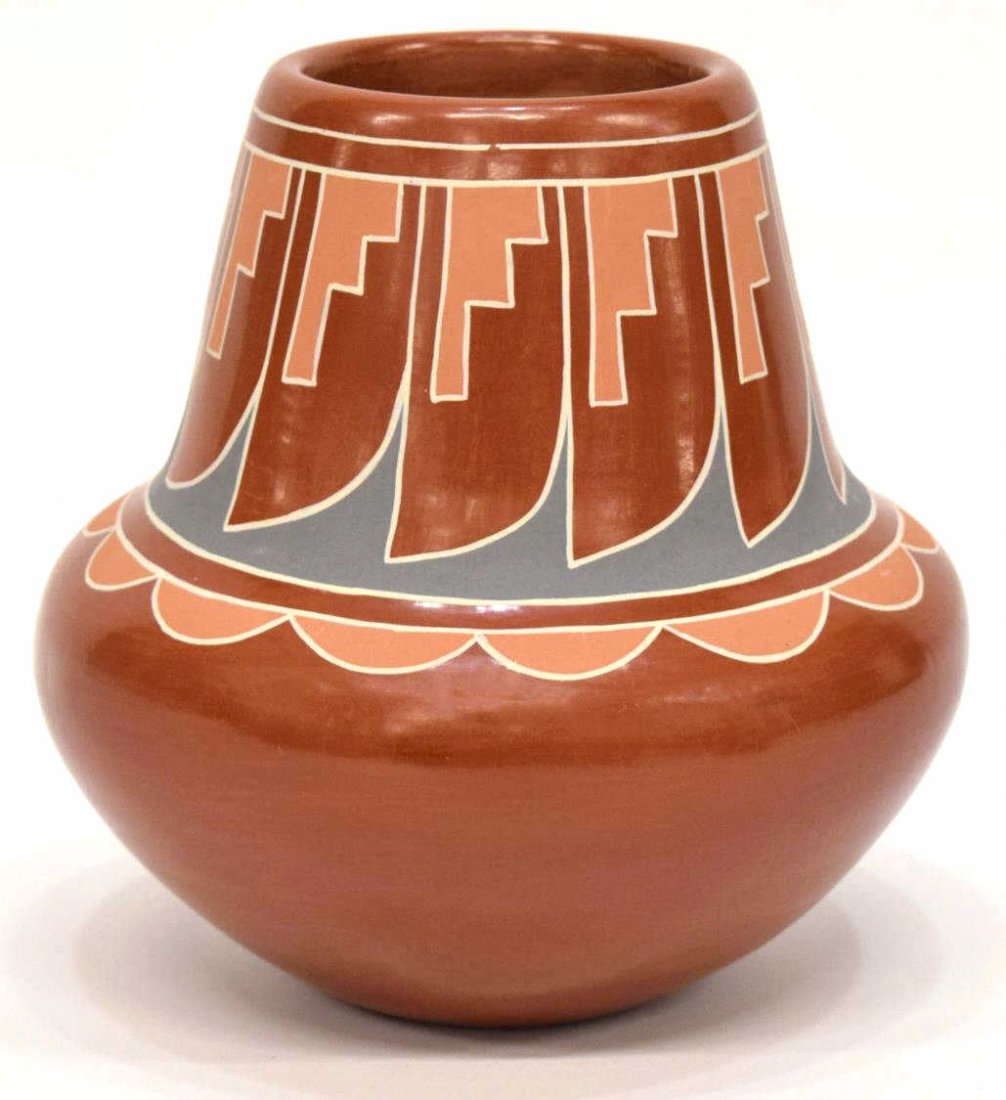 BELEN TAPIA SANTA CLARA PUEBLO SIGNED JAR, 7.75"H: Native American polychrome jar on red ground, signed Belen Tapia (Santa Clara Pueblo, New Mexico, 1914-1999), 7.75"h, 7.5"diameter, 3.25lbs Start Price: $80.00