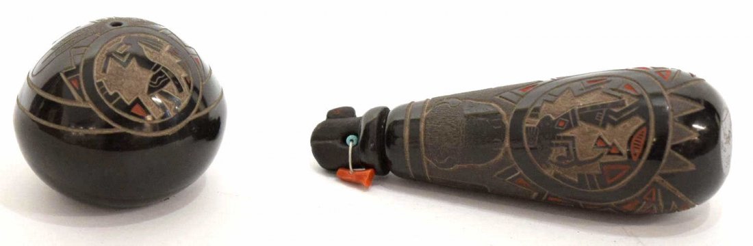 (2) SANTA CLARA PUEBLO, RAY TAFOYA (1956-1994): (lot of 2) Santa Clara Pueblo pottery signed R. Tafoya (Ray Tafoya, 1956-1994): (1) miniature long neck polychrome on black figural jar with coral and turquoise accented stopper, dated April 1982, sig