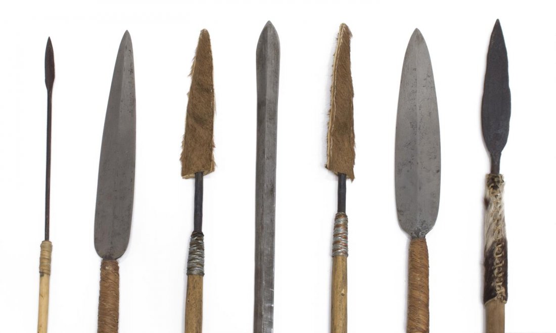 (7) AFRICAN HUNTING SPEARS: (lot of 7) African hunting spears, wood and metal, longest: 55"l, total: 11.25lbs Provenance: From the trophy room of Edmond Ray York, U.S. Army (1931-2016). Start Price: $100.00