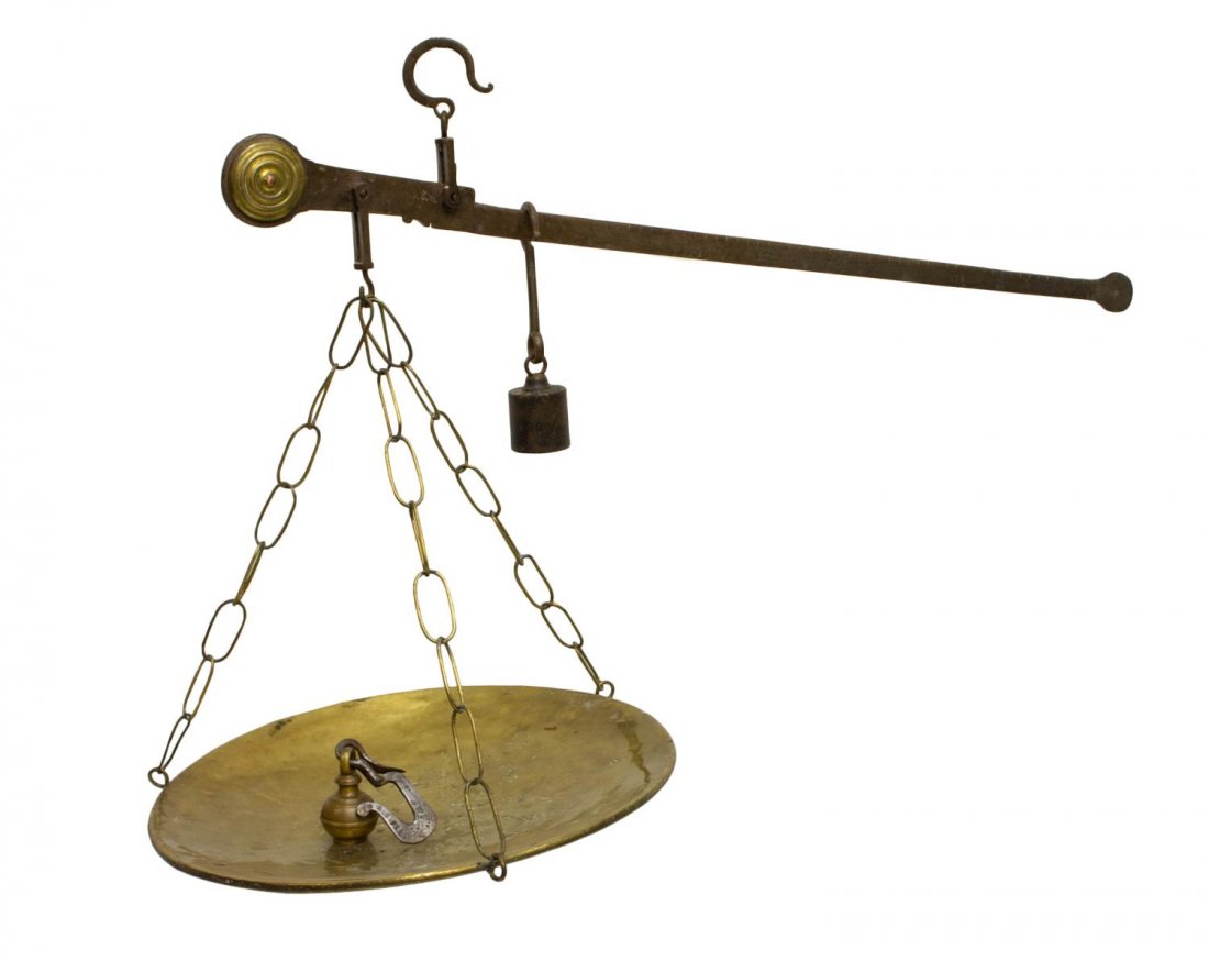 ITALIAN ANTIQUE BRASS HANGING SCALE & WEIGHTS: Antique Italian brass hooked hanging scale and weights, 19th c., with various stamps to metal, including chain link, (2) counter weights with hooks, (1) scale pan, some surface wear, beam: approx 3.5"