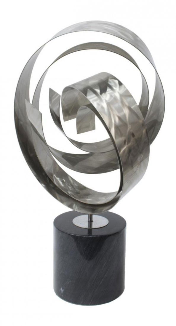 MODERN STAINLESS & MARBLE SCULPTURE, C. JERE: Large modern design stainless steel and marble sculpture, Curtis Jere Collection (Curtis Jere, Artisan House, a combination of its' founder names Kurtis Freiler, c.1910-2013 and Jerry Fels 1917-2007),