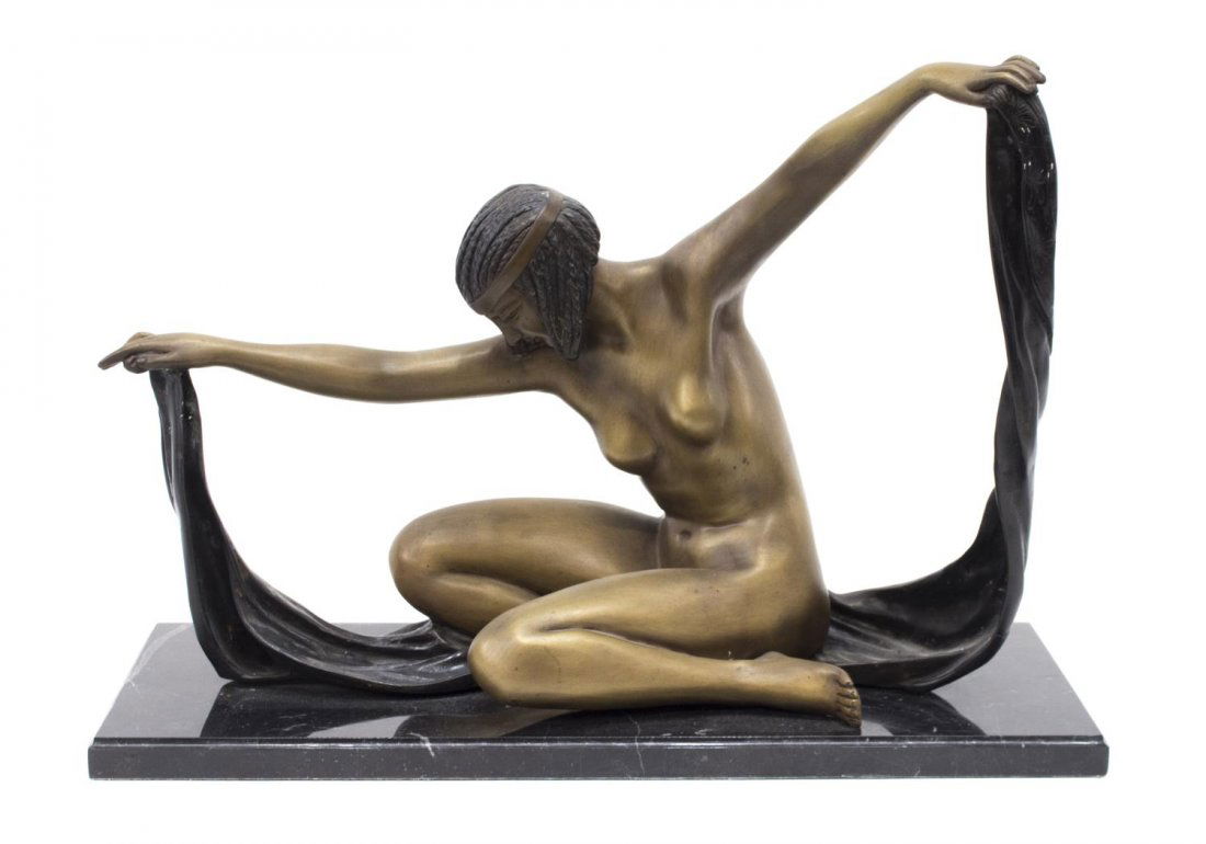 ART DECO STYLE BRONZE, SEATED NUDE FEMALE FIGURE: Art Deco style patinated bronze sculpture, Isis, a seated nude figure with drape, after the original by Claire Jeanne Roberte Colinet (French, 1880â€“1950), on a rectangular marble base, approx 1