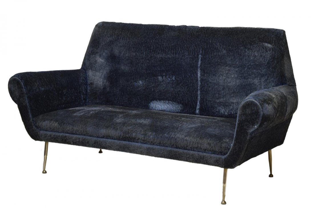 ITALIAN MID CENTURY MODERN UPHOLSTERED SOFA 1950: Italian mid-century modern upholstered sofa, c. 1950, having a shaped backrest over curved armrests, cushioned seat, rising on tapered legs, in need of upholstery, 36"h, 68"w, 28"d Start Price: $300.0