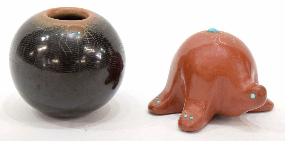 (2) BARBARA GONZALES POTTERY, SPIDER JAR & TURTLE: (lot of 2) San Ildefonso Pueblo pottery, signed, "Than-Moo-Whe", "(Barbara Gonzales, b. 1947, great grand-daughter of Maria Martinez): (1) black spider web jar with turquoise cabochon accents, dated 1