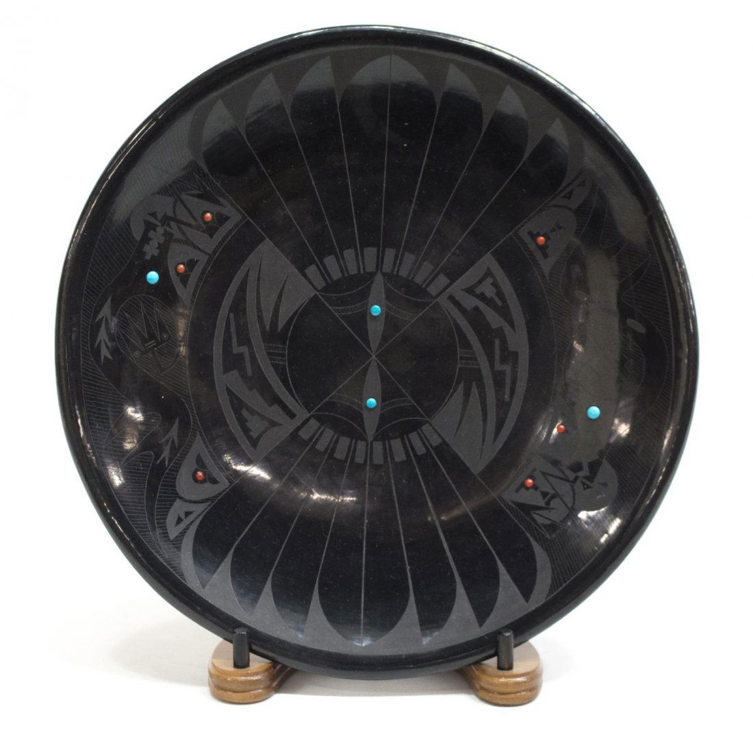 SAN ILDEFONSO PUEBLO PLATE, BARBARA GONZALES 1982: San Ildefonso Pueblo pottery plate dated 1982, signed "Julian 1, Than-Moo-Whe", "(Barbara Gonzales, b. 1947, great grand-daughter of Maria Martinez), a black on black plate accented with incised carvi