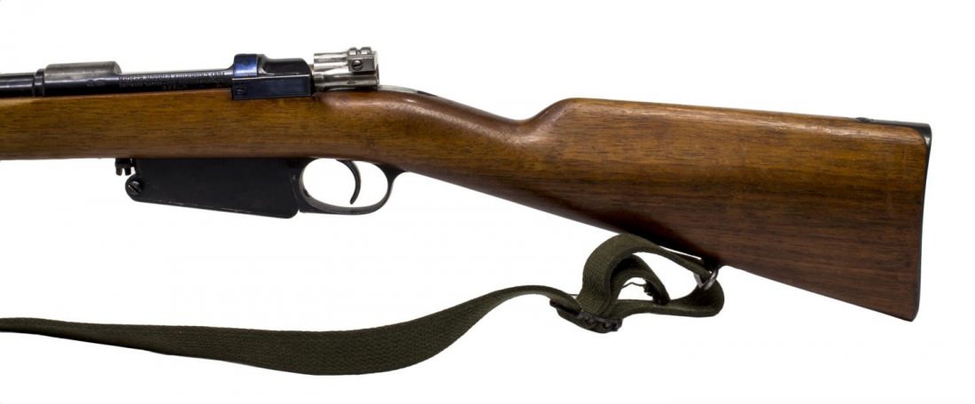 MAUSER ARGENTINO MODEL 1891 RIFLE: Mauser Argentino rifle, Model 1891, 7.65MM Mauser caliber, bolt action, 22" barrel, adjustable rear sight, hardwood stock, two sling swivels and sling, five visible matching serial numbers, SN U1XXX *