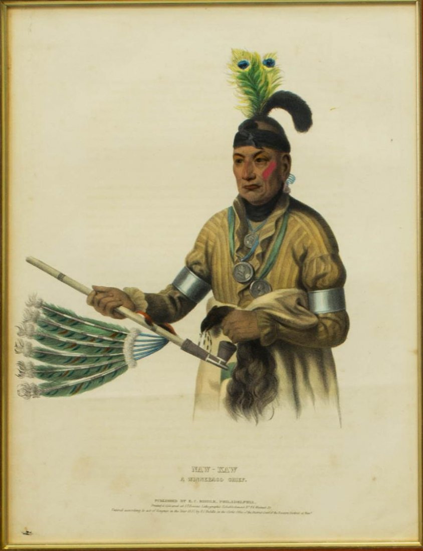 McKINNEY & HALL INDIAN CHIEF, PUBLISHED 1837: Framed lithograph, "Naw Kaw, A Winnebago Chief", from Thomas L. McKinney and James Hall's "The History of the Indian Tribes of North American...", published in 1837 at Philadelphia by E.C. Biddle, sig