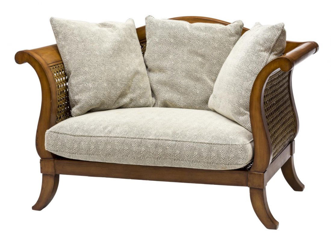 HENREDON RALPH LAUREN LOVESEAT: Ralph Lauren sofa by Henredon, an arched back and rolled arms framed the wicker back and sides, a seat cushion and pillows in narrow black and beige fabric, rising on turned supports, 38"h, 56"w, 33"d