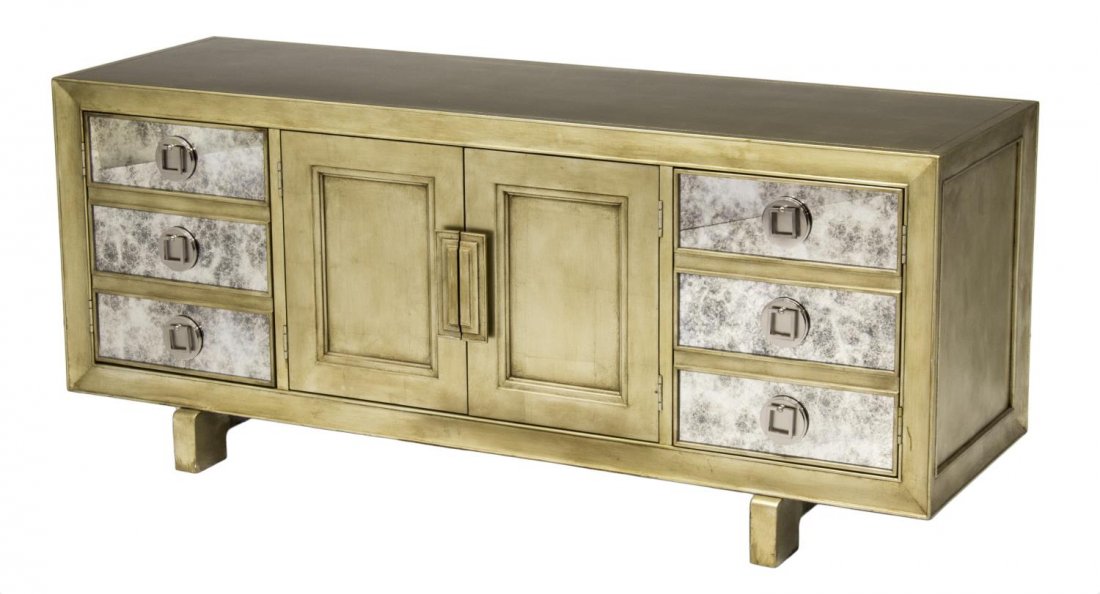 GILT MIRRORED SIDEBOARD: Gilt finish sideboard, rectangular with mirrored faux drawer fronts at each end opening to shelves and flanking two center drawers, rising on curved block supports, 30"h, 71"w, 22"d Start Price: $200.