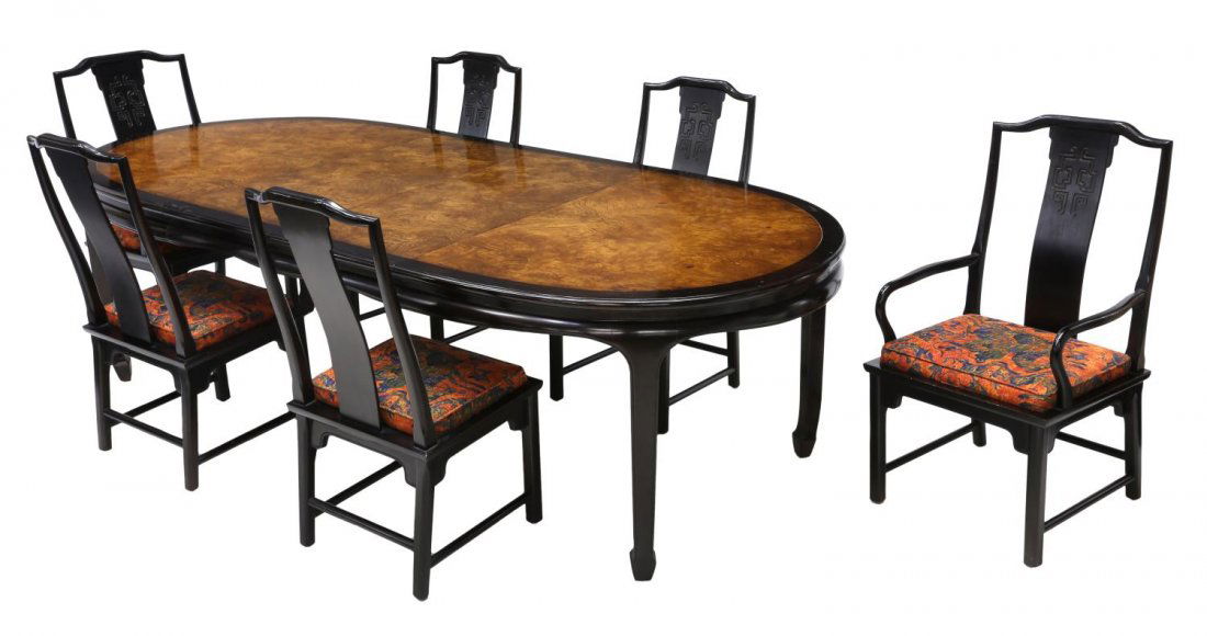 (7)RAYMOND SOBOTA FOR CENTURY CHIN HUA DINING SET: (set of 7) Vintage Chin Hua dining suite, design by Raymond Sobota for Century Furniture Company, including: (1) table of oval form, the burlwood top enclosed by contrasting borders and legs, accompan