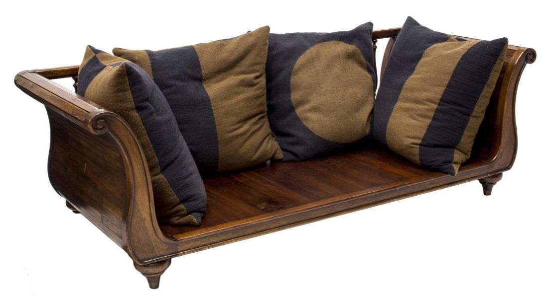 LARGE HENREDON WOOD DAY BED SOFA: Henredon day bed or sofa, teakwood, together with four large pillows, the rolled arms joined by the spindle supported back rail, rising on turned legs, 31.5"h, 96.25"w, 40"d Start Price: $300.00