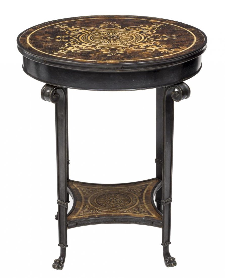 CIRCULAR TOP LAMP TABLE, THEODORE ALEXANDER: Lamp or side table, 21st c., by Theodore Alexander (5021-133 Round Brass Lamp Table) having a circular top inset with faux Pietra Dura marble, brass supports joined by a lower shelf terminate in paw f