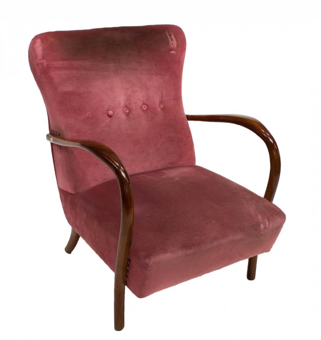 ITALIAN DESIGN UPHOLSTERED OPEN ARMCHAIR, C. 1950: Italian design upholstered open armchair, c. 1950, having a padded backrest and seat cushion, with curved armrests terminating into front legs, in need of upholstery, 33"h, 25.5"w, 25"d Start Price: $