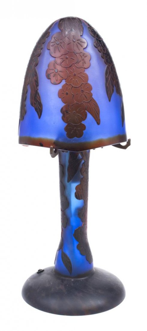 DECORATIVE BLUE & RUST CAMEO ART GLASS TABLE LAMP: Decorative cameo art glass table lamp, hanging floral vines in relief on a blue ground, signed 'Charder', 17.75"h, 4.75lbs Start Price: $50.00