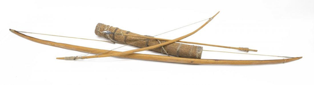 (11) AFRICAN BOWS, ARROWS, QUIVER, FIRE DRILL: (lot of 11) African hunting bows and arrows: (2) bows, one with leather string, one with woven string, largest: 52.5"l; (1) arrow with metal head and feathered fletching, 26.25"l; (1) quiver made from
