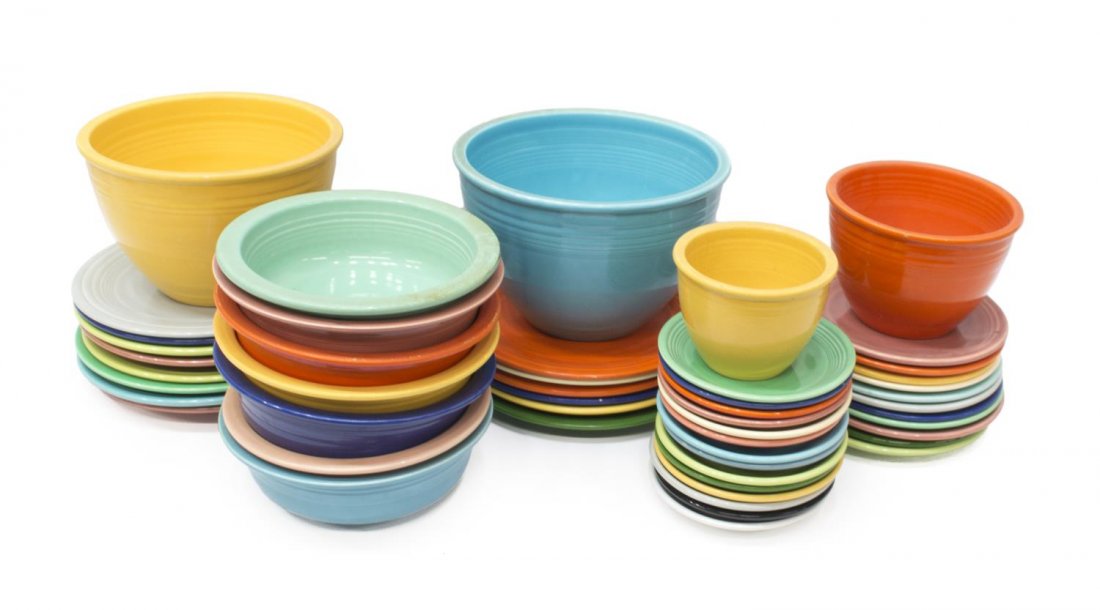 (49) VINTAGE FIESTAWARE COLLECTION, PLATES, BOWLS: (lot of 49) Vintage Fiesta dinnerware, by Homer Laughlin Co., mid-20th c., in various colors, highlights include: mixing bowls, saucers, salad plates, luncheon plates, cereal bowls, and more, largest: