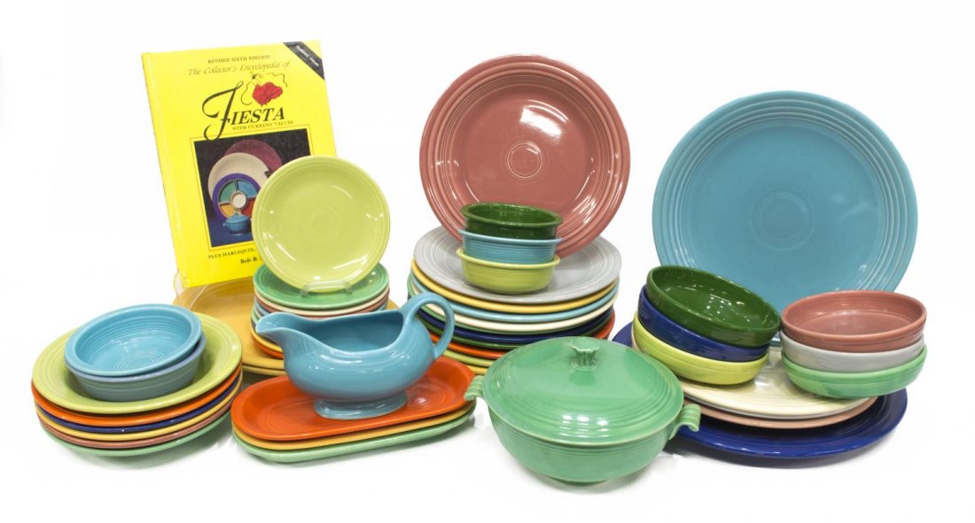 (52) VINTAGE FIESTAWARE COLLECTION, PLATES, DISHES: (lot of 52) Vintage Fiesta dinnerware, by Homer Laughlin Co., mid-20th c., in various colors, highlights include: (1) green covered serving dish, (2) yellow platters, (1) cobalt blue large platter, (1