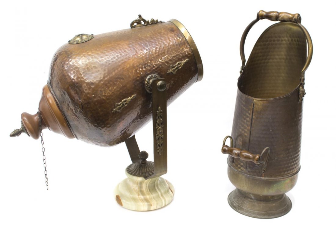(2) ITALIAN HAMMERED COPPER DECORATIVE ITEMS: (lot of 2) Italian hammered copper decorative items: (1) ornamental element with finials, moving on metal arms, mounted on an onyx base; (1) umbrella stand in the form of a pitcher with fixed handle a