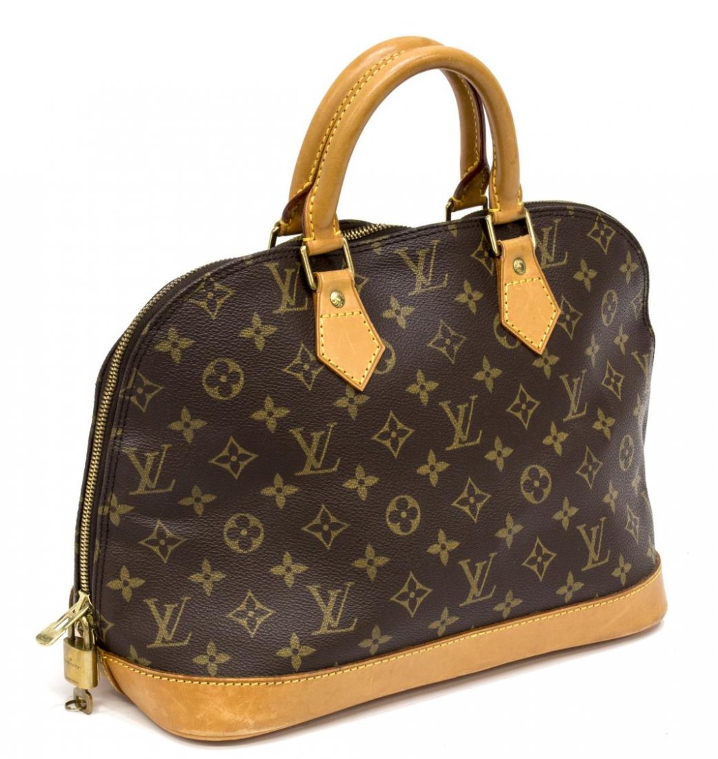 LOUIS VUITTON MONOGRAM CANVAS 'ALMA' HANDBAG: Louis Vuitton "Alma" handbag in monogram canvas, having leather handles and trim, gold tone hardware, dual zipper opening to a canvas lined interior with slip pocket, retaining key and lock, some scuf