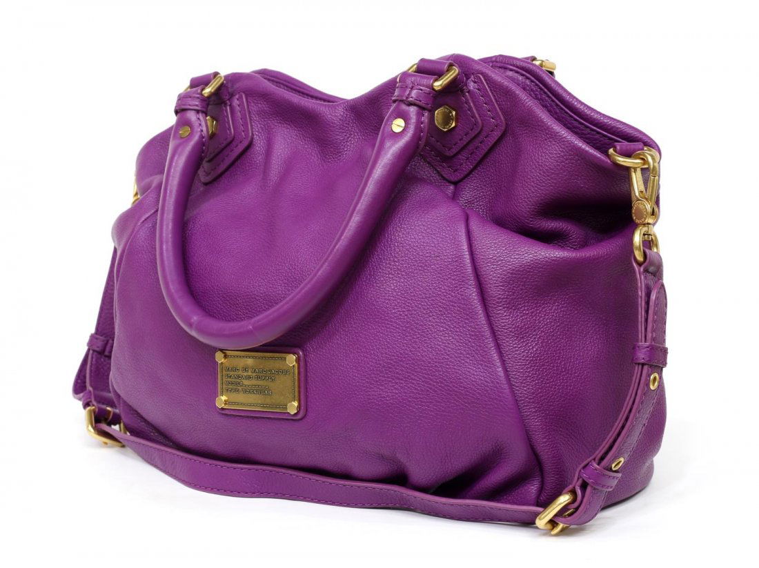 MARC BY MARC JACOBS 'CLASSIC Q FRANCESCA' HAND BAG: Marc by Marc Jacobs "Classic Q Francesca" hand bag in purple leather, having gold tone hardware, removable and adjustable leather strap, double roll top handles opening to monogrammed canvas interior,