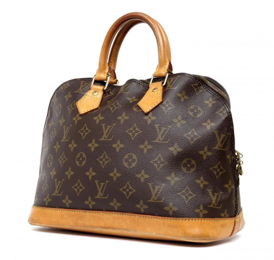 LOUIS VUITTON 'ALMA' MONOGRAM CANVAS HANDBAG: Louis Vuitton "Alma" handbag in monogram canvas, having leather handles and trim, gold tone hardware, dual zipper opening to a canvas lined interior with slip pocket, patination, scuffing, and spottin