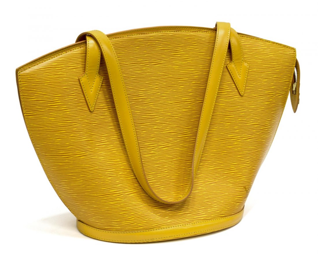LOUIS VUITTON 'ST JACQUES GM' EPI LEATHER PURSE: Louis Vuitton "Saint Jacques GM" shoulder bag in Tassil Yellow Epi leather, zipper closure opening to purple interior featuring single zip pocket, only very minor wear, approx 11.5"h, 17.5"w, 7"d, 1.5