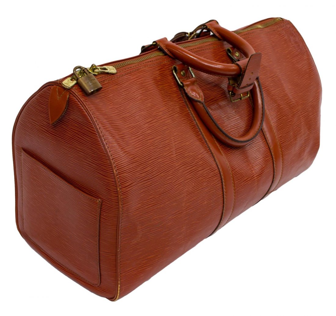 LOUIS VUITTON 'KEEPALL 45' EPI LEATHER DUFFLE BAG: Louis Vuitton "KeepAll 45" Kenyan Fawn brown Epi leather duffel bag, gold tone hardware, exterior one sided slip pocket, dual zipper top opening to interior, retaining luggage tag, handle strap, and l
