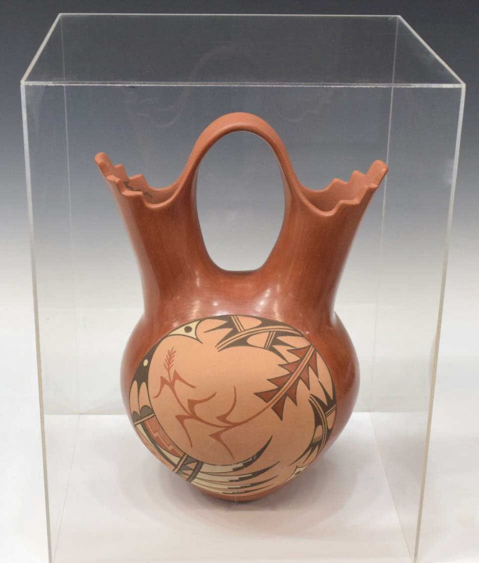 JUANITA FRAGUA (b 1935) NATIVE AMERICAN VASE, 17"H: Large Native American wedding jar signed Juanita Fragua, (b. 1935), Jemez Pueblo, New Mexico, together with Fragua's photo with the vase taken at the Galeria Capistrano, Santa Fe in 1983, vase: 17.5"h