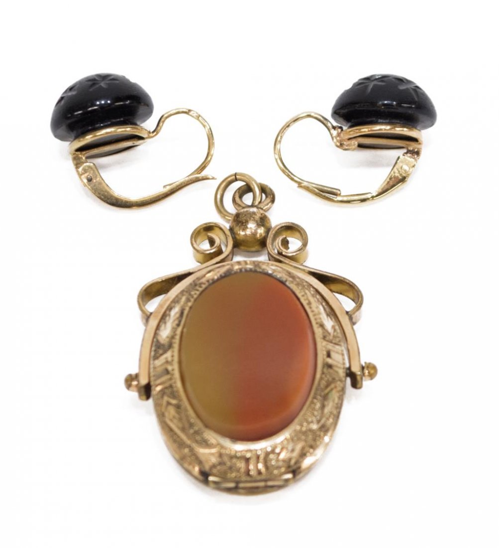 (3) VICTORIAN MOURNING JEWELRY EARRINGS SWIVEL FOB (1 of 4)