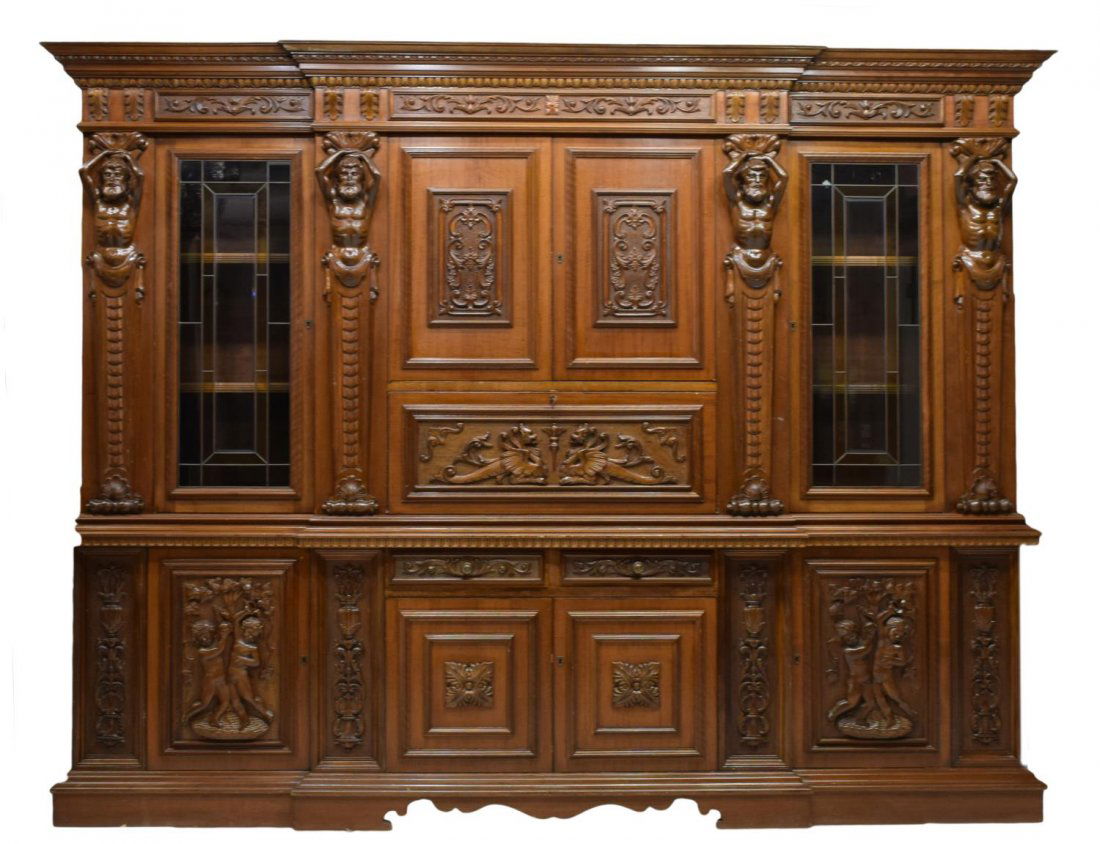 MONUMENTAL ITALIAN FIGURAL CARVED BOOKCASE, 117"L (1 of 5)