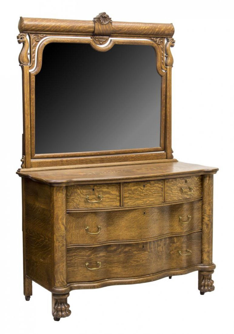 AMERICAN GOLDEN OAK SERPENTINE MIRRORED DRESSER (1 of 4)