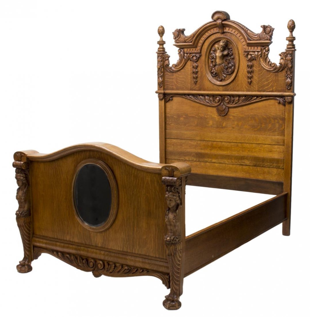 AMERICAN OAK FIGURAL CARVED HIGHBACK BED (1 of 6)