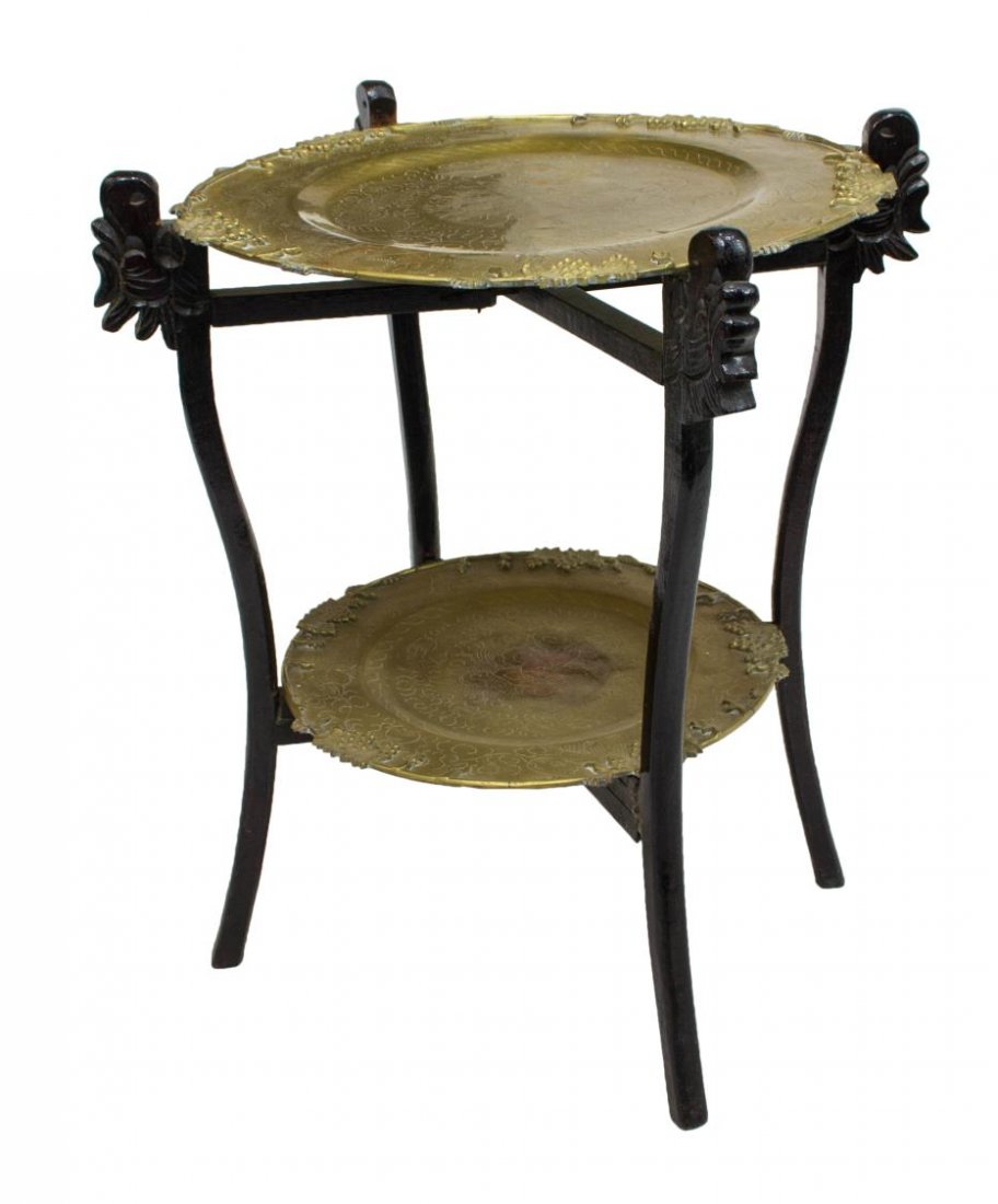 ASIAN EBONIZED TIERED BRASS TRAY TABLE, 20TH C. (1 of 3)