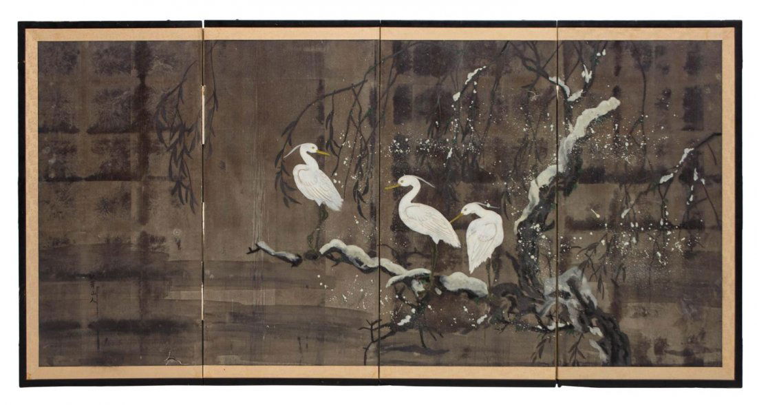 ASIAN PAINTED FOLDING FOUR-PANEL ROOM SCREEN (1 of 3)