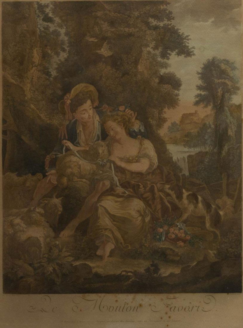 FRAMED COLORED ENGRAVING 'LE MOUTON FAVORI' EISEN (1 of 5)