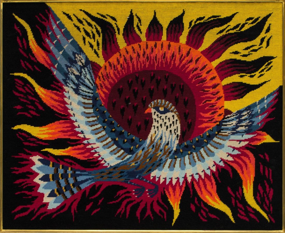 FRAMED NEEDLEPOINT OF PHOENIX & SUN, 20TH CENTURY: Framed needlepoint, Phoenix with Sun, 20th c., in blues, orange, red, yellow, and black, sight: 26"h, 32", overall: 29"h, 35"w, 6.5lbs Start Price: $40.00