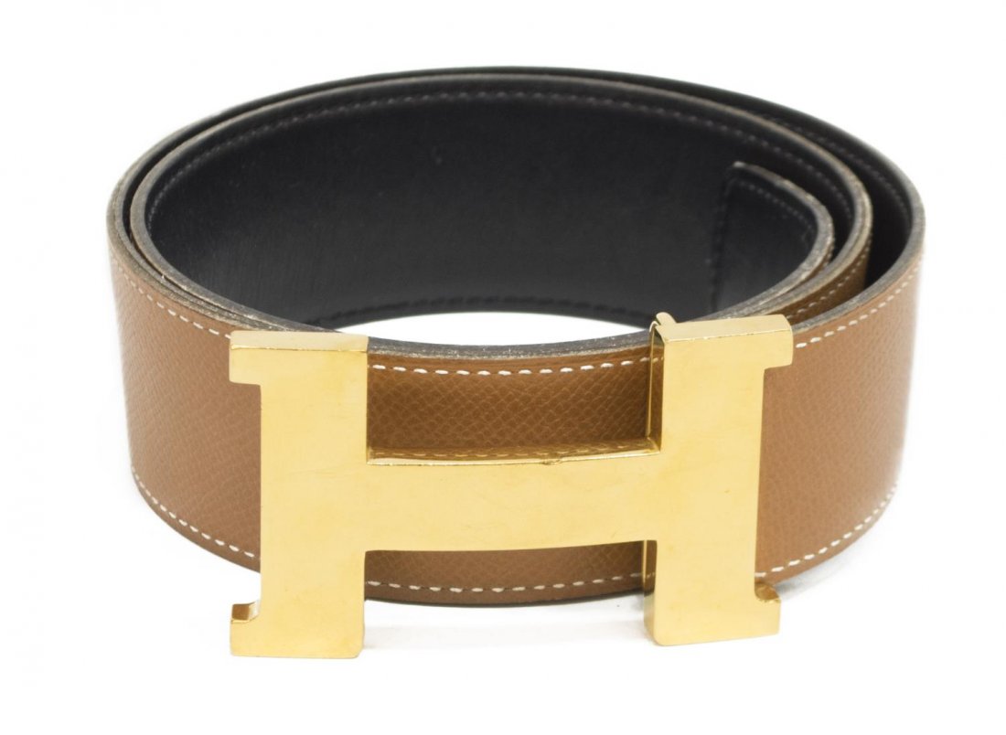 HERMES BROWN LEATHER 'JUMBO H' BELT 75MM (1 of 5)