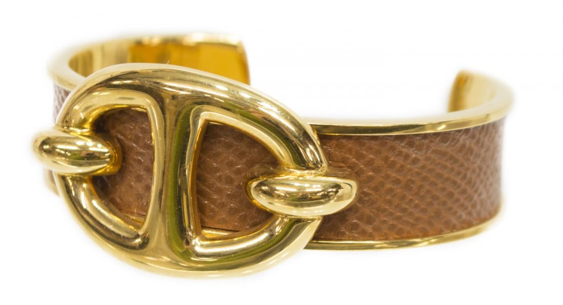 HERMES LEATHER & GOLD TONE CUFF BRACELET (1 of 6)