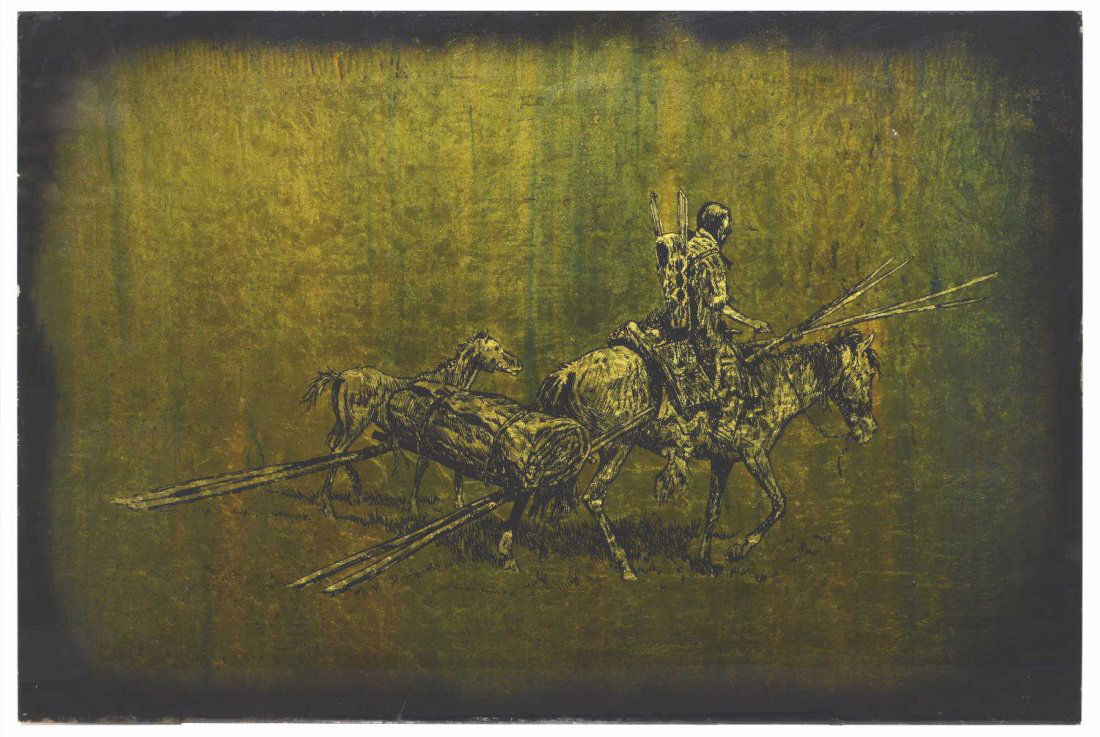 JACK WHITE (TEXAS, 1933), LEAVING HOME, 48" x 72": Unframed gold leaf / gilt foil art on glass verso, Leaving Home, signed at lower center, Jack White (Texas, b. 1933), approx 48"h, 72"w Provenance: Ronald McDonald Charities of Central Texas. Net proc