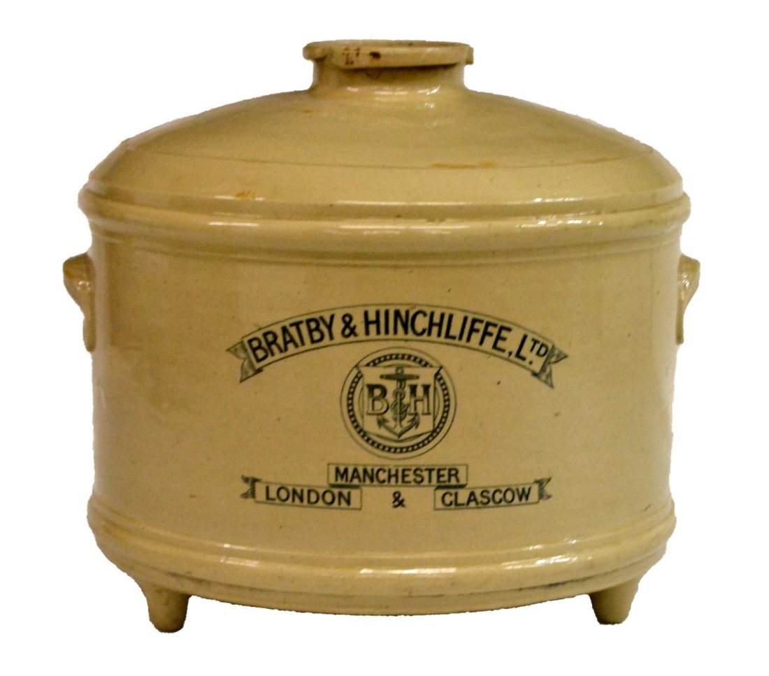 ENGLISH BRADLEY & HINCHLIFFE LTD. WATER SYSTEM: Large Bradley & Hinchliffe Ltd. glazed earthenware water system, 17"h Start Price: $80.00
