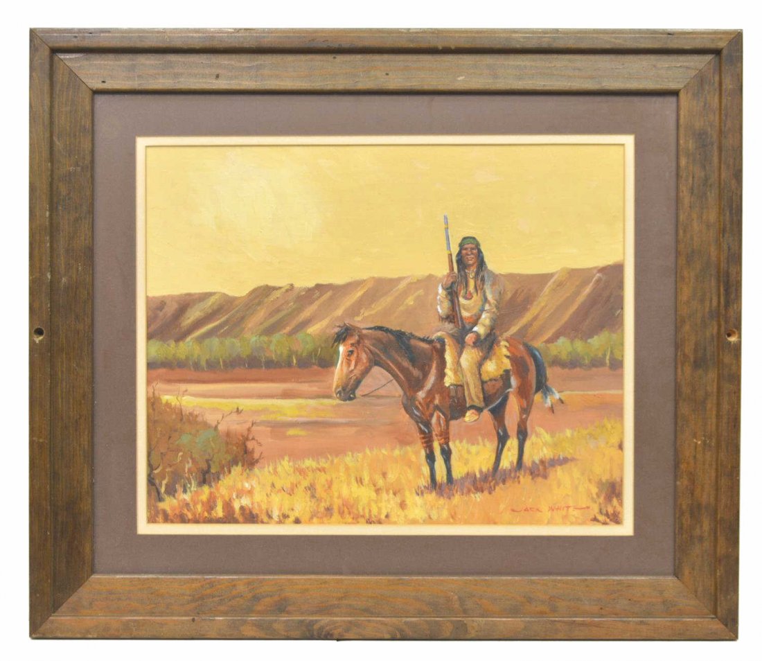JACK WHITE (TEXAS, B. 1933) INDIAN ON HORSEBACK: Framed painting on canvas, Indian Hunter, signed lower right Jack White (Texas, b. 1933), under glass, sight: 15.25"h, 19.25"w, overall: 24.5"h, 28.5"w, 6.75lbs Provenance: Ronald McDonald Charities o