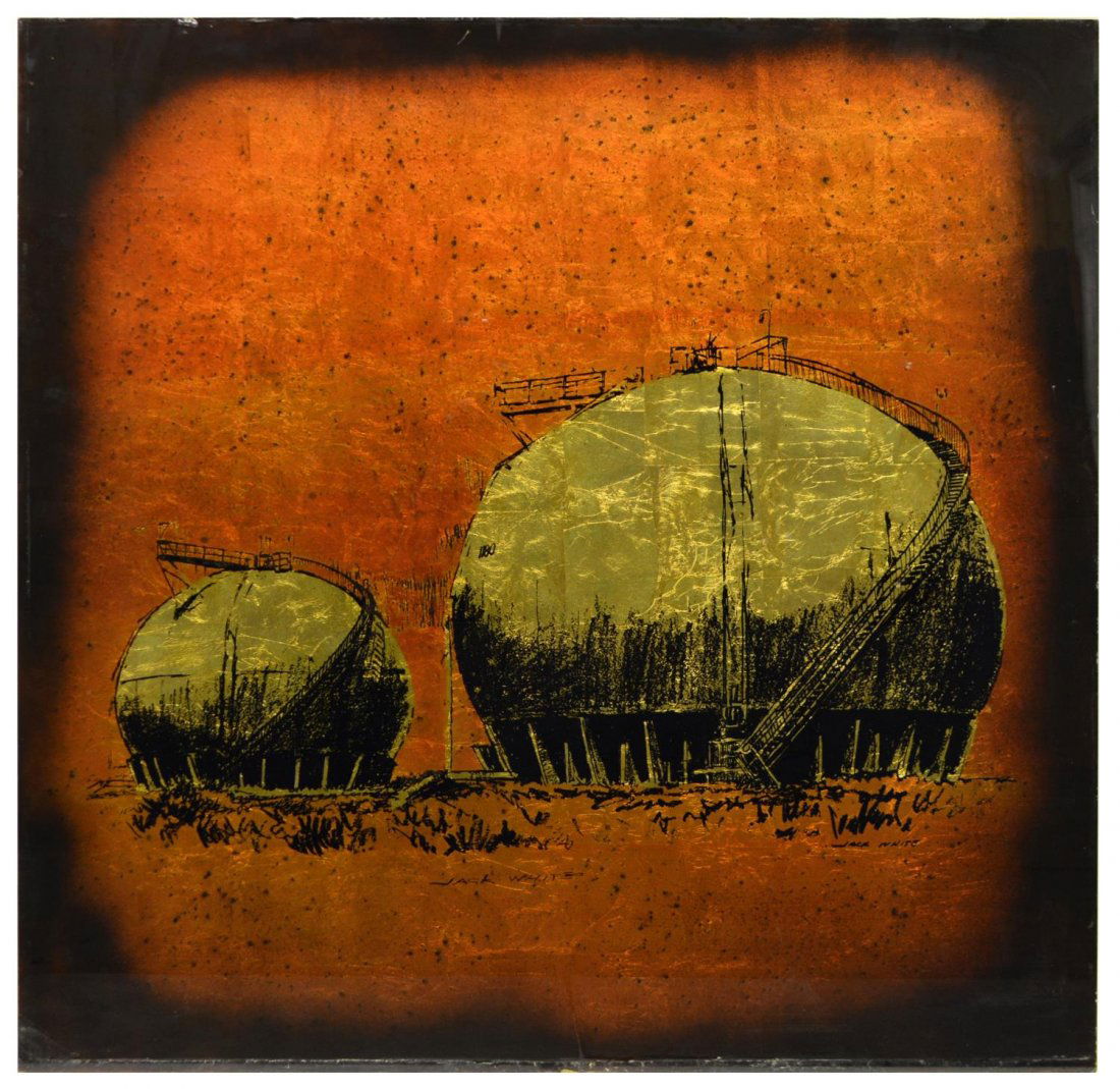 JACK WHITE (TEXAS, 1933), TEXAS OIL, 48" x 48": Unframed gold leaf / gilt foil art on glass verso, Texas Oil, signed at lower right, Jack White (Texas, b. 1933), approx 48"h, 48"w Provenance: Ronald McDonald Charities of Central Texas. Net proceeds
